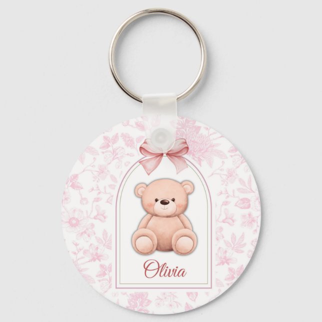 Olivia | Custom Pink Teddy Bear Nursery Design  Key Ring (Front)