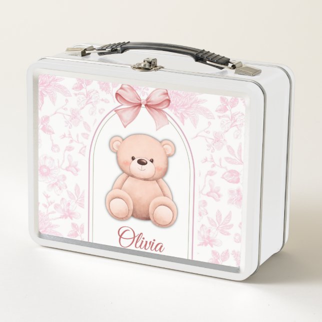 Olivia | Custom Pink Teddy Bear Nursery Design  Metal Lunch Box (Front)