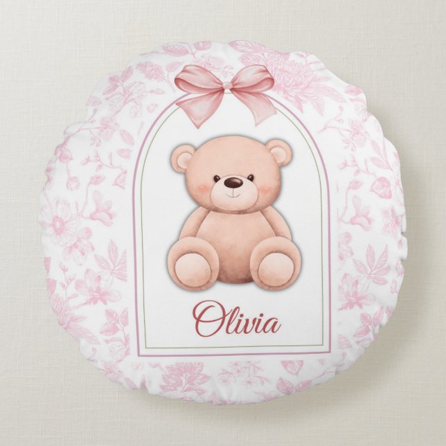 Olivia | Custom Pink Teddy Bear Nursery Design  Round Cushion (Front)