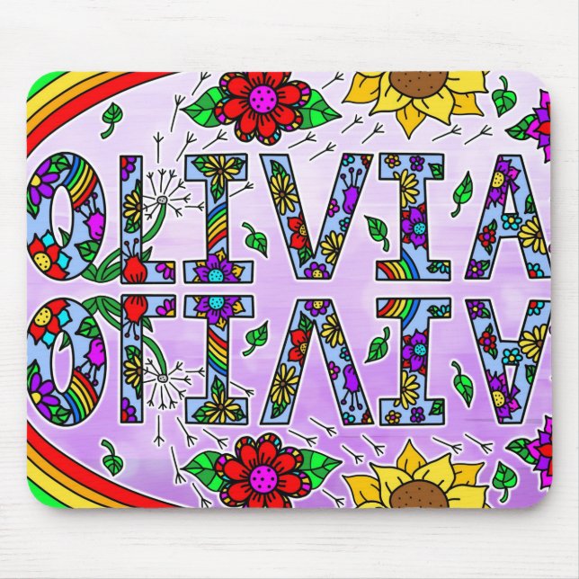 Olivia, Digital Folk Art Style Girl's Name Mouse Pad (Front)
