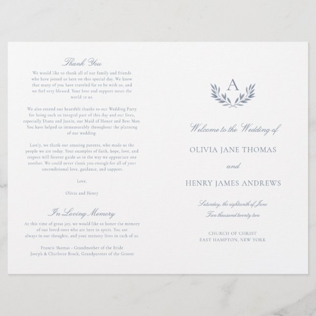 Olivia Elegant Dusty Blue Folded Wedding Program (Front)