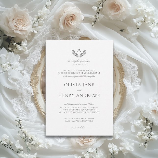 Olivia Elegant Grey Monogram Christian Wedding Invitation (The Olivia elegant wedding invitation gives you that gorgeous, fine art wedding look for less.)