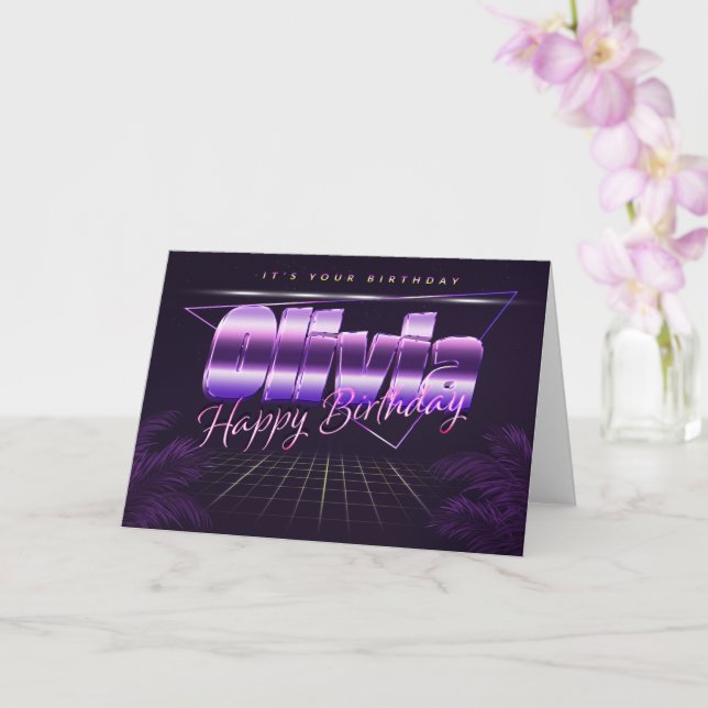 Olivia first name purple retro card birthday (Orchid)
