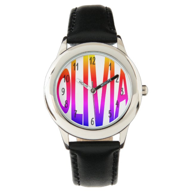 Olivia girls name colourful kids watch (Front)