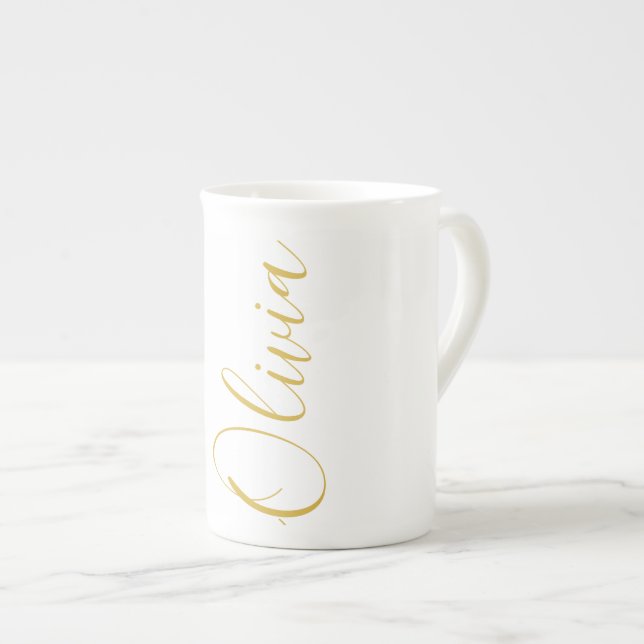 Olivia Gold Script Name White Speciality Mug (Front Right)