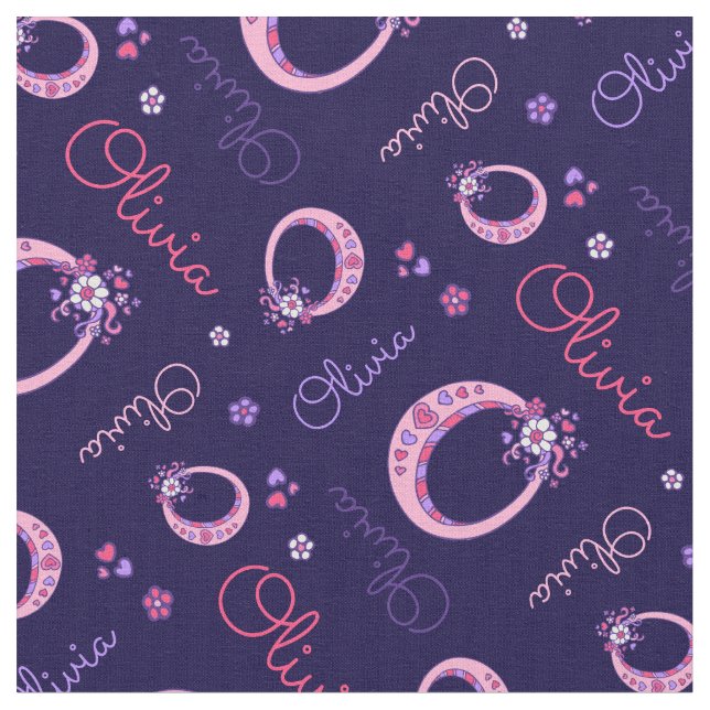 Olivia letter O monogram heart flowers fabric (Close Up)