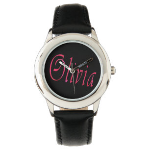 Olivia, Name, Logo, Girls Black Leather Watch. Watch