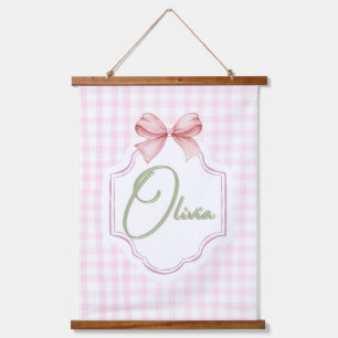 Olivia Personalized Pink Bow & Gingham Print Hanging Tapestry