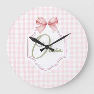 Olivia Personalized Pink Bow & Gingham Print Large Clock