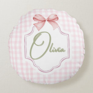 Olivia Personalized Pink Bow & Gingham Print Round Cushion