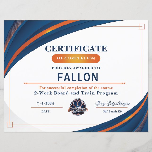 OLK9 Certificate #1 (Front)