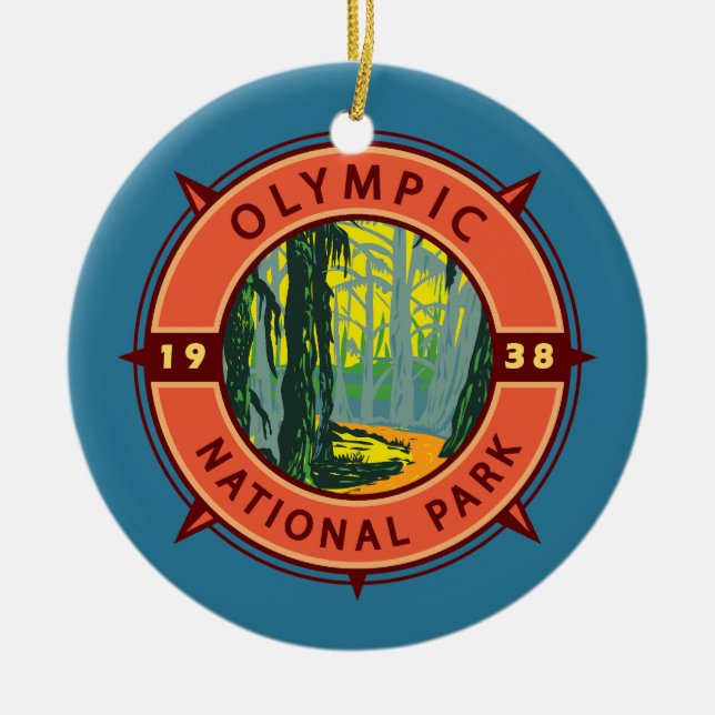 Olympic National Park Hoh Rainforest Retro Compass Ceramic Tree Decoration (Front)