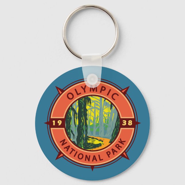 Olympic National Park Hoh Rainforest Retro Compass Key Ring (Front)
