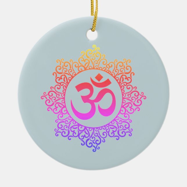 Om and lotus rainbow colour symbols on ornament (Front)