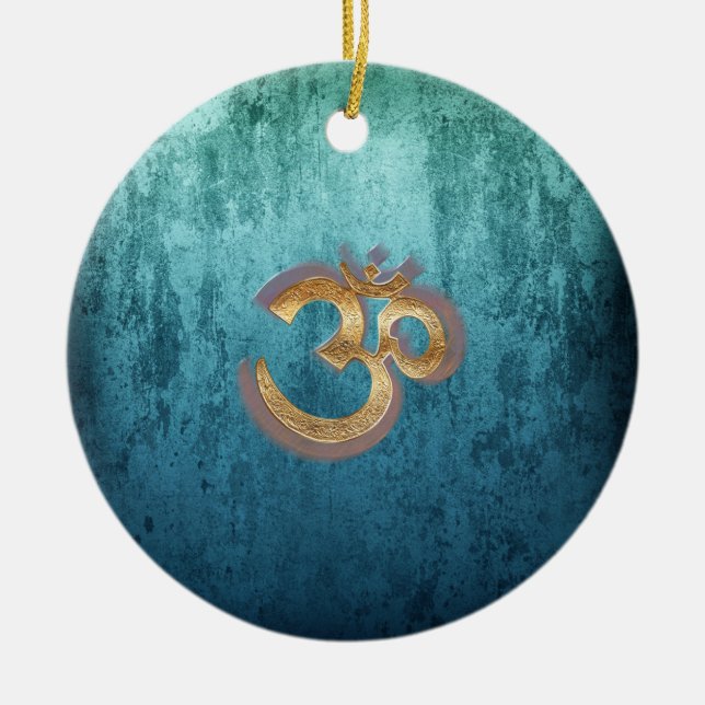 OM blue brass gold damask Asia Yoga Spiritualität Ceramic Tree Decoration (Front)