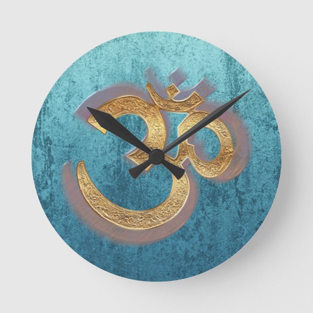 OM blue brass gold damask Asia Yoga Spiritualität Round Clock (Front)