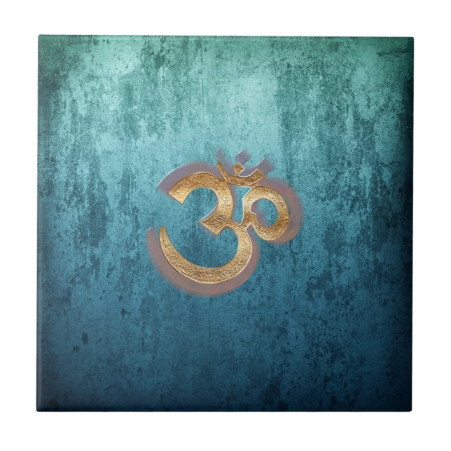 OM blue brass gold damask Asia Yoga Spiritualität Tile (Front)