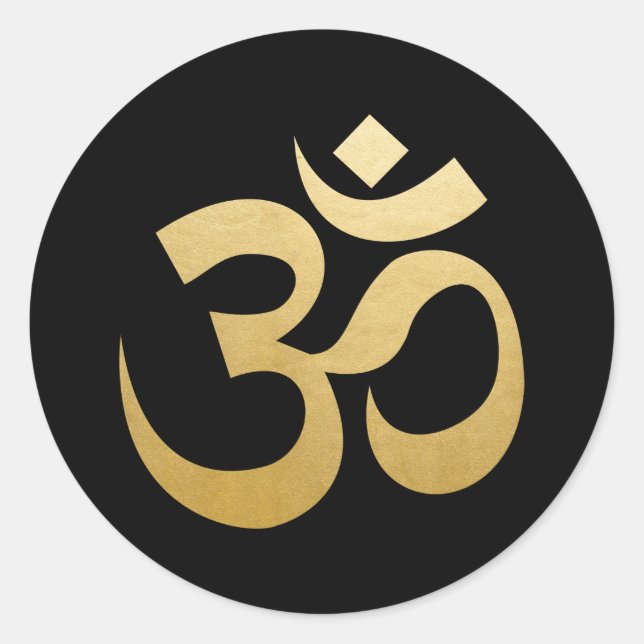 Om Hindu Meditation Symbol Faux Gold Foil Black Classic Round Sticker (Front)