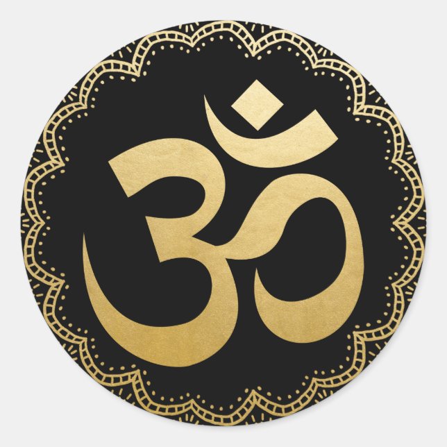 Om HIndu Meditation Symbol Yoga Faux Gold Black Classic Round Sticker (Front)