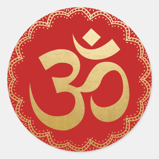 Om HIndu Meditation Symbol Yoga Faux Gold Foil Red Classic Round Sticker (Front)