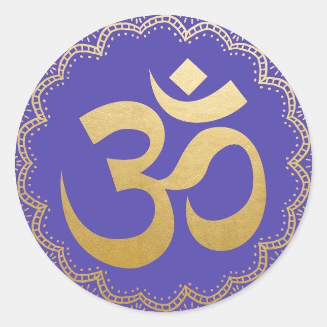 Om HIndu Meditation Symbol Yoga Faux Gold Violet Classic Round Sticker (Front)