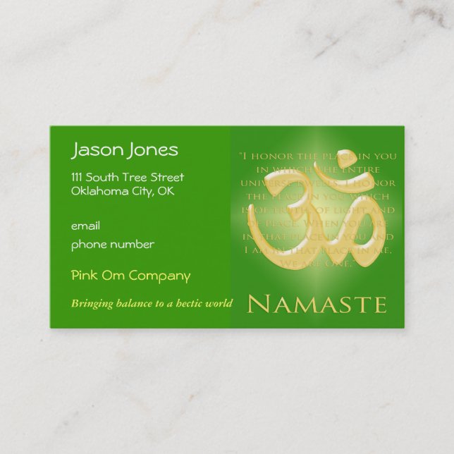 Om in Green & Gold - Namaste Appointment Card (Front)