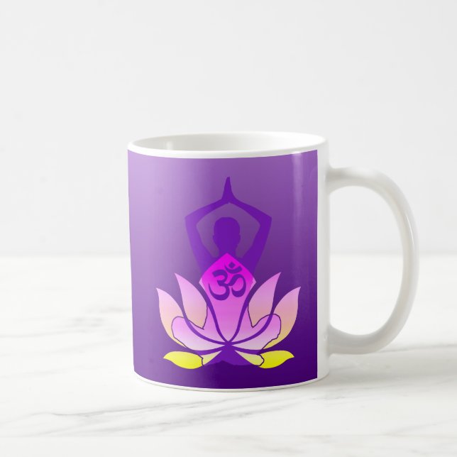 Om Lotus Flower Yoga Pose on Purple Gradient Coffee Mug (Right)