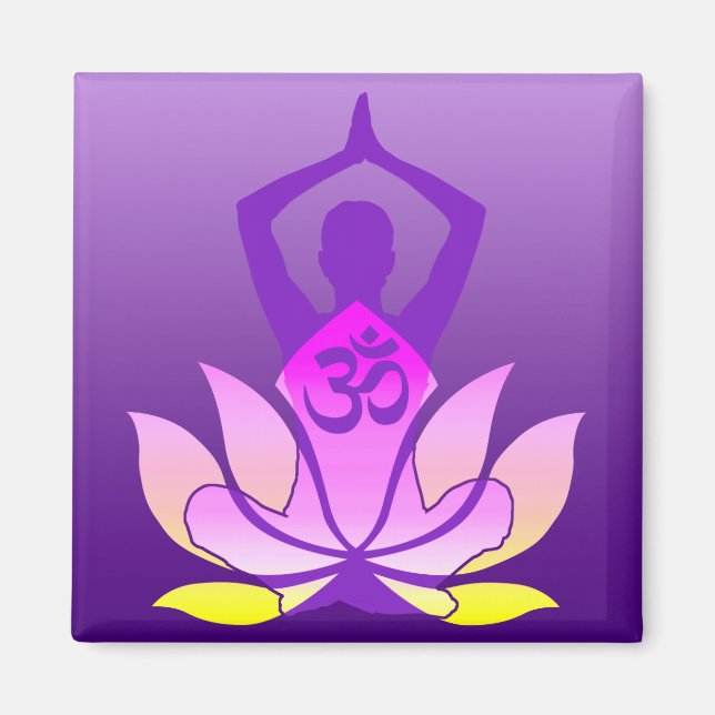 Om Lotus Flower Yoga Pose on Purple Gradient Magnet (Front)
