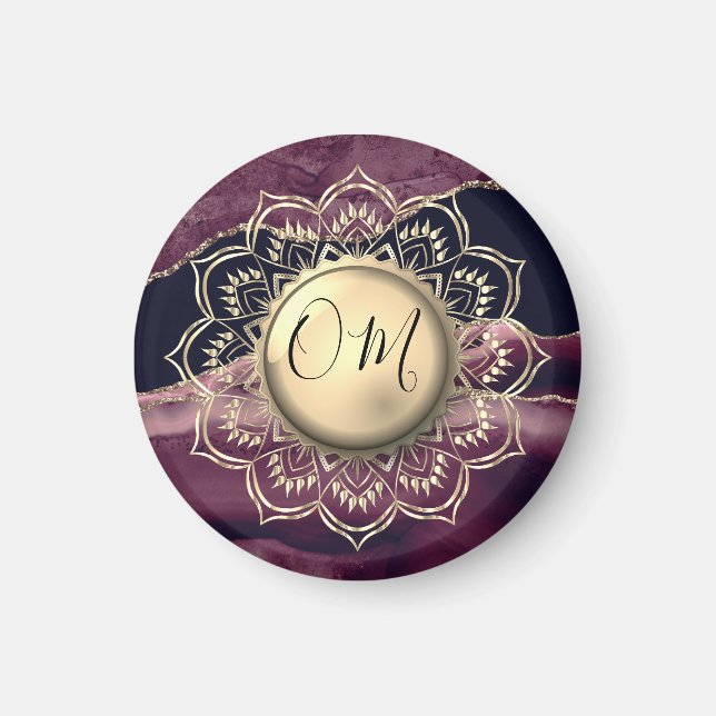  OM Lotus Mandala Purple Agate Marble    Magnet (Front)