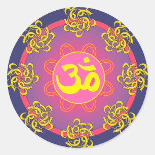 Om Mandala Blue Border Classic Round Sticker