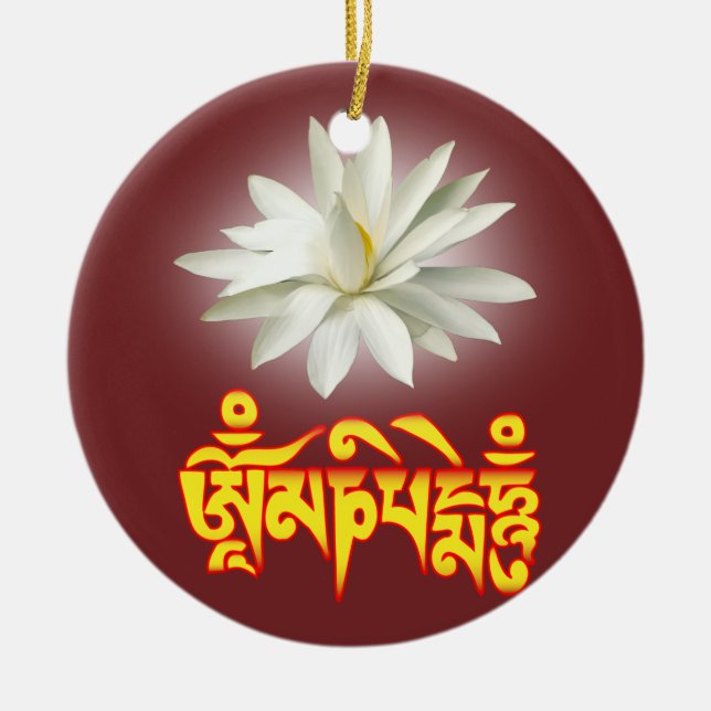 Om mani padme hum mantra ceramic tree decoration (Front)