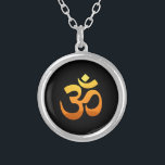 Om Mantra Symbol Yoga Asana Relax Fitness Gold Sun Silver Plated Necklace<br><div class="desc">Om Mantra Symbol Yoga Asana Relax Fitness Gold Sun Sunrise Meditation Yellow Orange Inspirational Elegant Sunrise Round Necklace.</div>