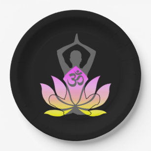 OM Namaste Spiritual Lotus Flower Yoga Pose Paper Plate