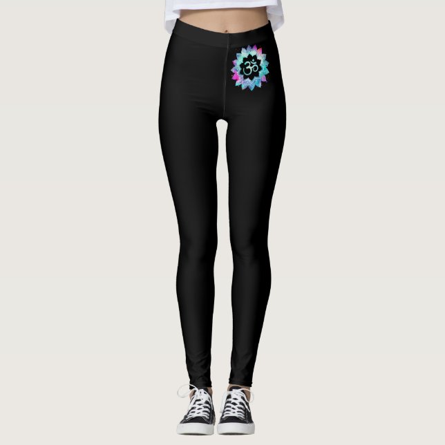 *~* Om Neon Magenta & Blue on Black Leggings (Front)