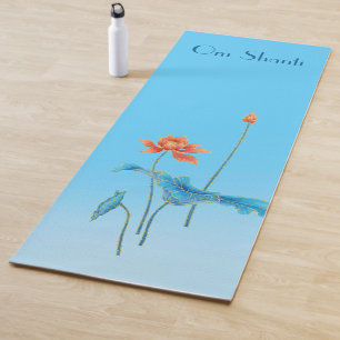Om Shanti Elegant Blue Peace Lotus Flower Yoga Mat