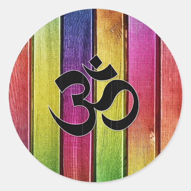 Om sign on multicolor wood classic round sticker (Front)