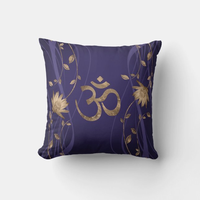 Om Symbol Golden Lotus Flowers on purple Cushion (Front)