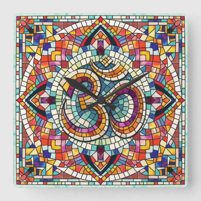 OM Symbol Lotus Mandala Mosaic Square Wall Clock (Front)