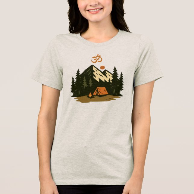 "Om" Symbol Mountain Camping Scene Tri-Blend Shirt (Front)