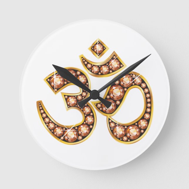Om Symbol with "Amber" or "Topaz" Stones Round Clock (Front)