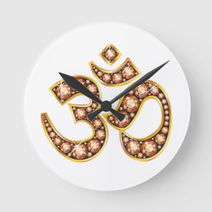 Om Symbol with "Amber" or "Topaz" Stones Round Clock