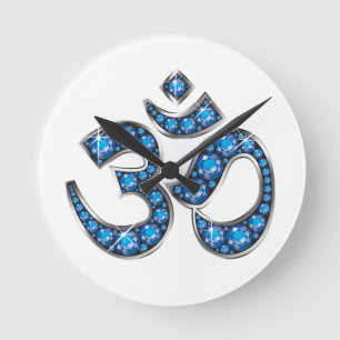 Om Symbol with "Aquamarine" Stones Round Clock