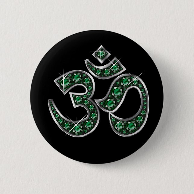 Om Symbol with "Emerald" Stones 6 Cm Round Badge (Front)