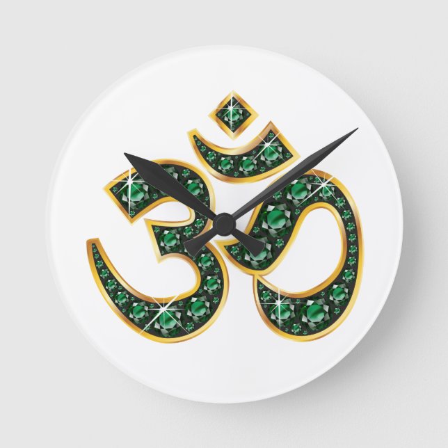 Om Symbol with "Emerald" Stones Round Clock (Front)
