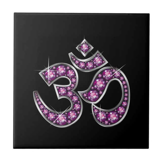 Om Symbol with "Garnet" Stones Tile (Front)