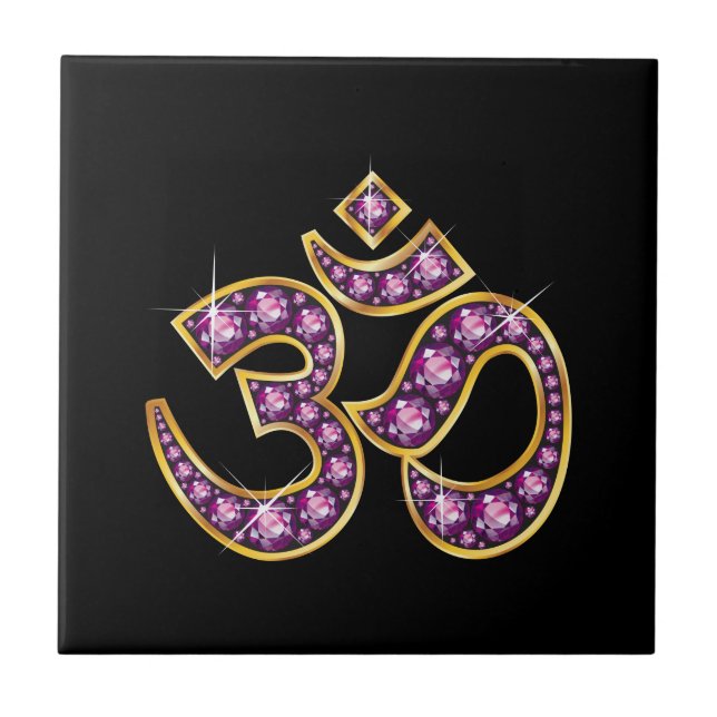 Om Symbol with "Garnet" Stones Tile (Front)