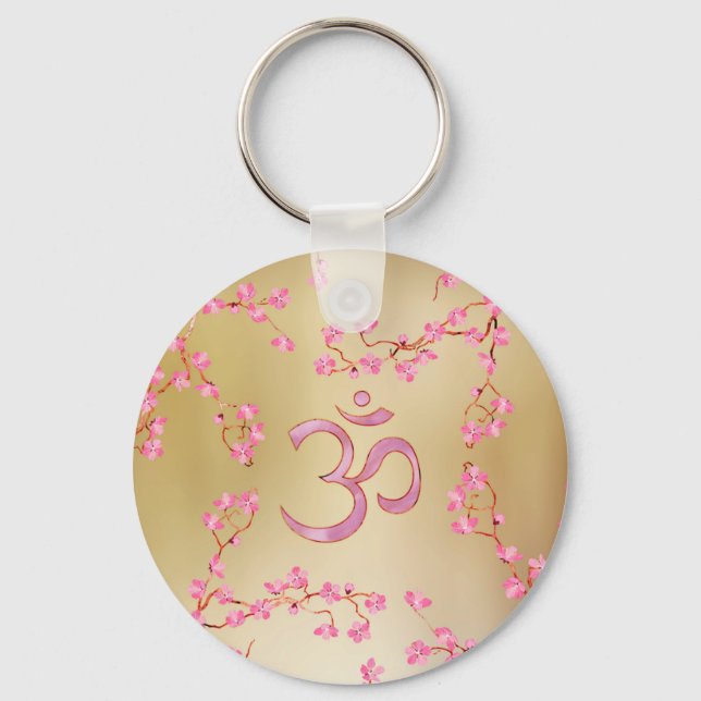 OM symbol  with gentle pastel pink flower tree Key Ring (Front)