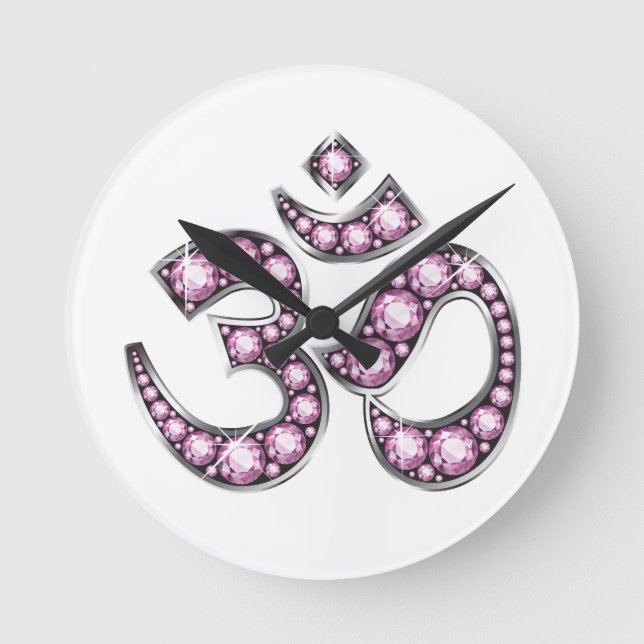 Om Symbol with "Rose Quartz" Stones Round Clock (Front)