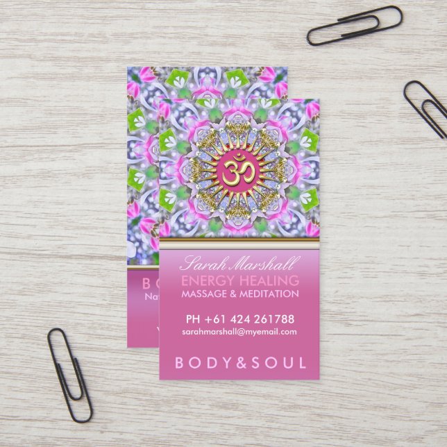 OM Yoga Energy Healing Pink Sparkle Business Cards (Front/Back In Situ)