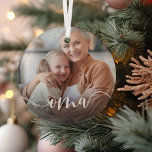 Oma Grandma Script Overlay Glass Tree Decoration<br><div class="desc">Create a sweet gift for a special grandmother with this beautiful custom ornament. "Oma" appears as an elegant white script overlay on your favorite photo of grandma and her grandchild or grandchildren.</div>